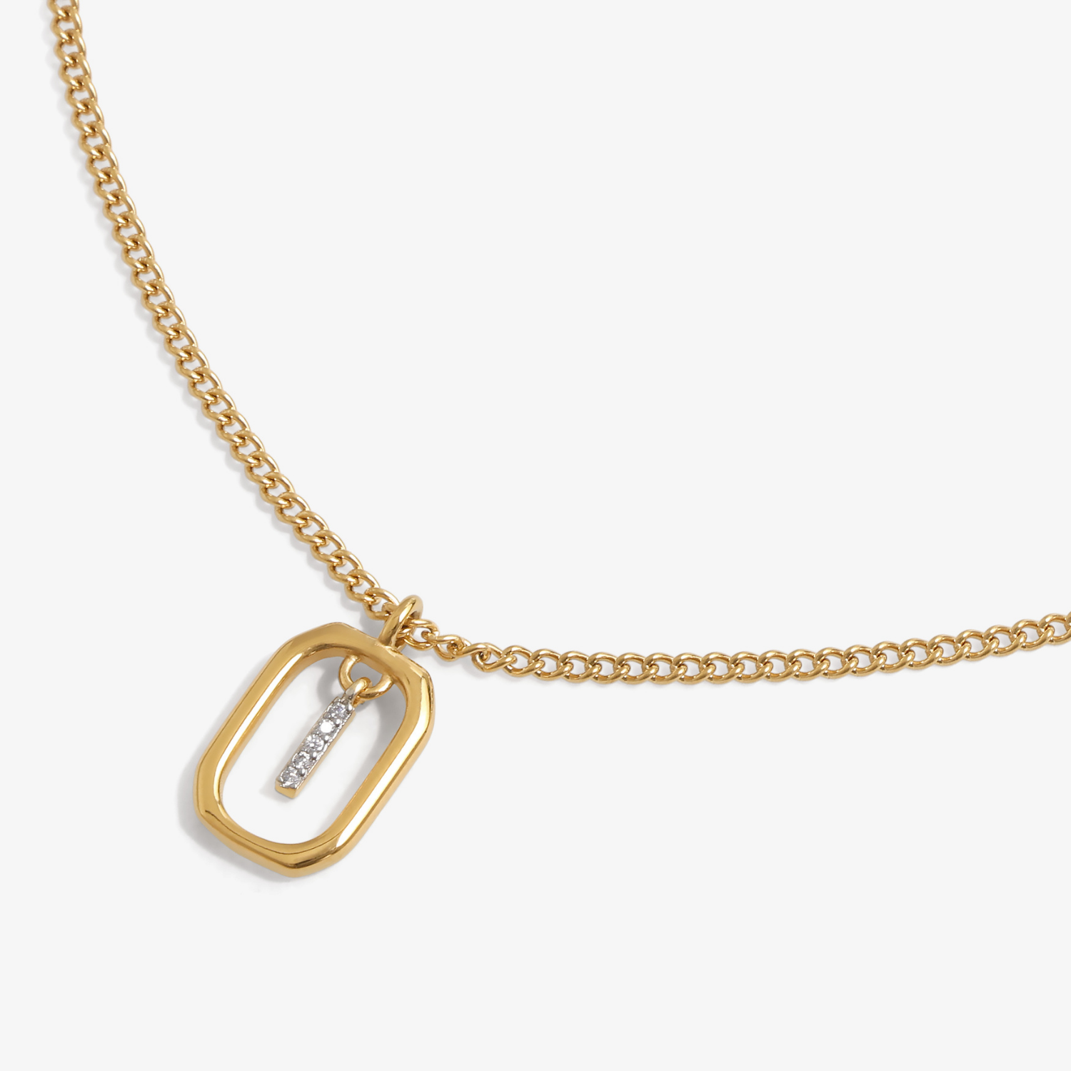 Initial I zirconia necklace flat lay – personalized letter I sparkling jewelry VECINO