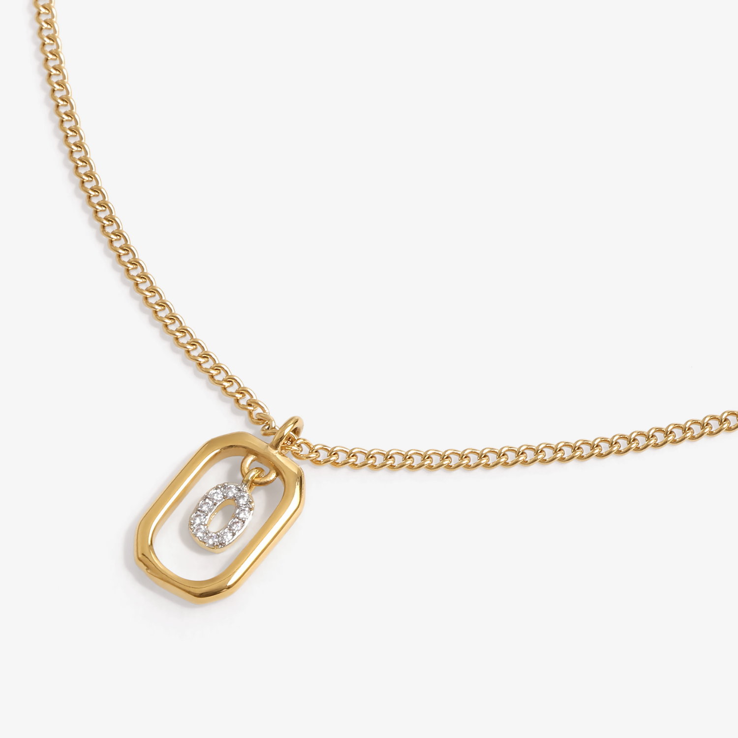 Initial O zirconia necklace flat lay – personalized letter O sparkling jewelry VECINO
