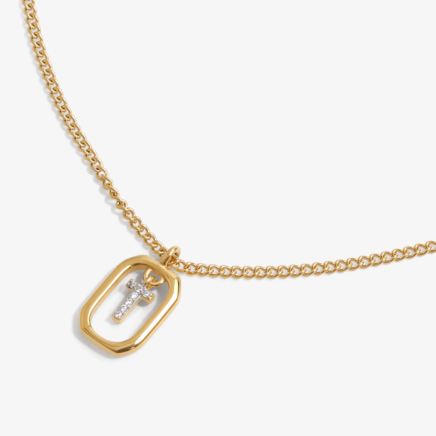 Initial T zirconia necklace flat lay – personalized letter T sparkling jewelry VECINO
