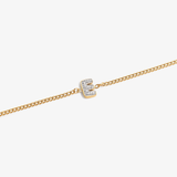 Initial E zirconia bracelet flat lay – personalized letter E sparkling jewelry VECINO