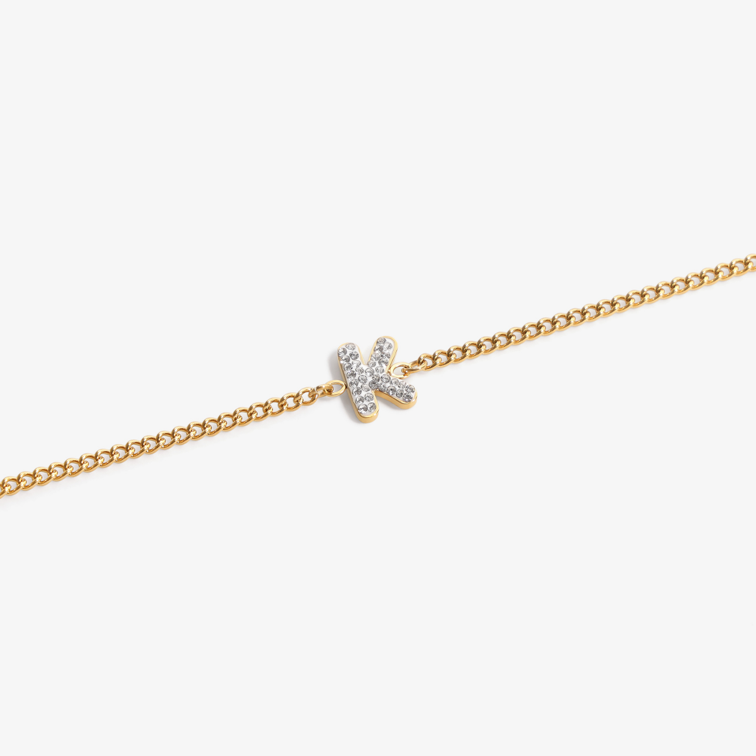 Initial K zirconia bracelet flat lay – personalized letter K sparkling jewelry VECINO