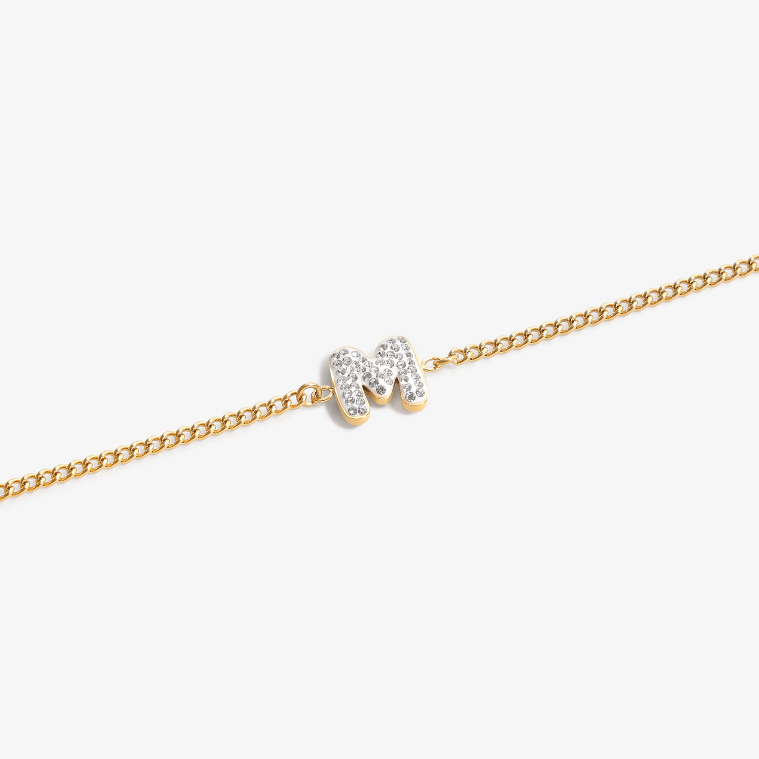 Initial M zirconia bracelet flat lay – personalized letter M sparkling jewelry VECINO