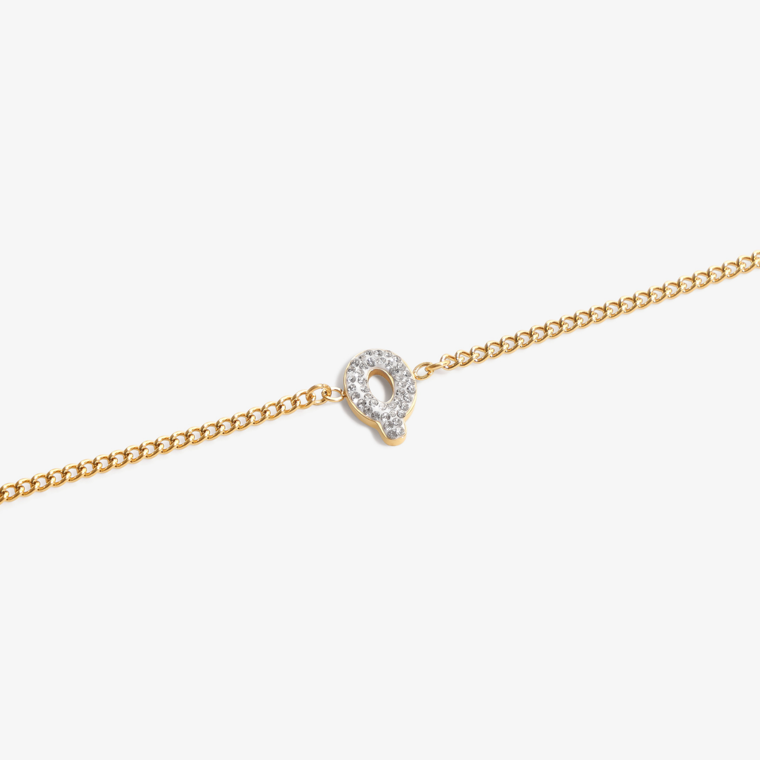 Initial Q zirconia bracelet flat lay – personalized letter Q sparkling jewelry VECINO