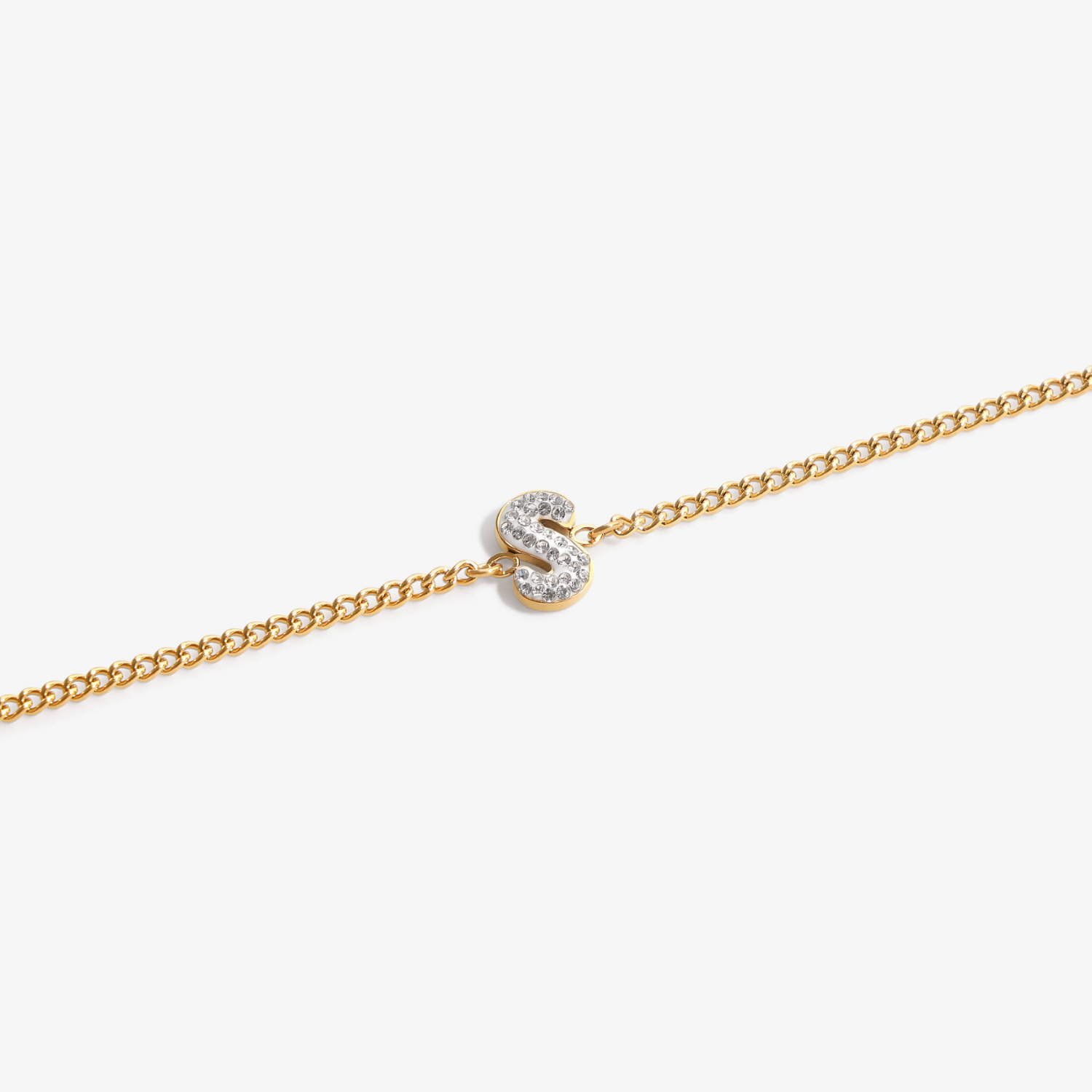 Initial S zirconia bracelet flat lay – personalized letter S sparkling jewelry VECINO