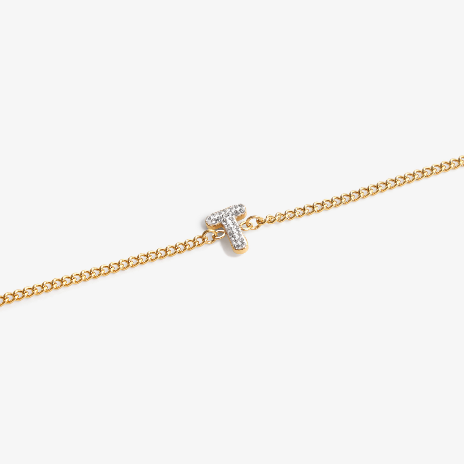 Initial T zirconia bracelet flat lay – personalized letter T sparkling jewelry VECINO