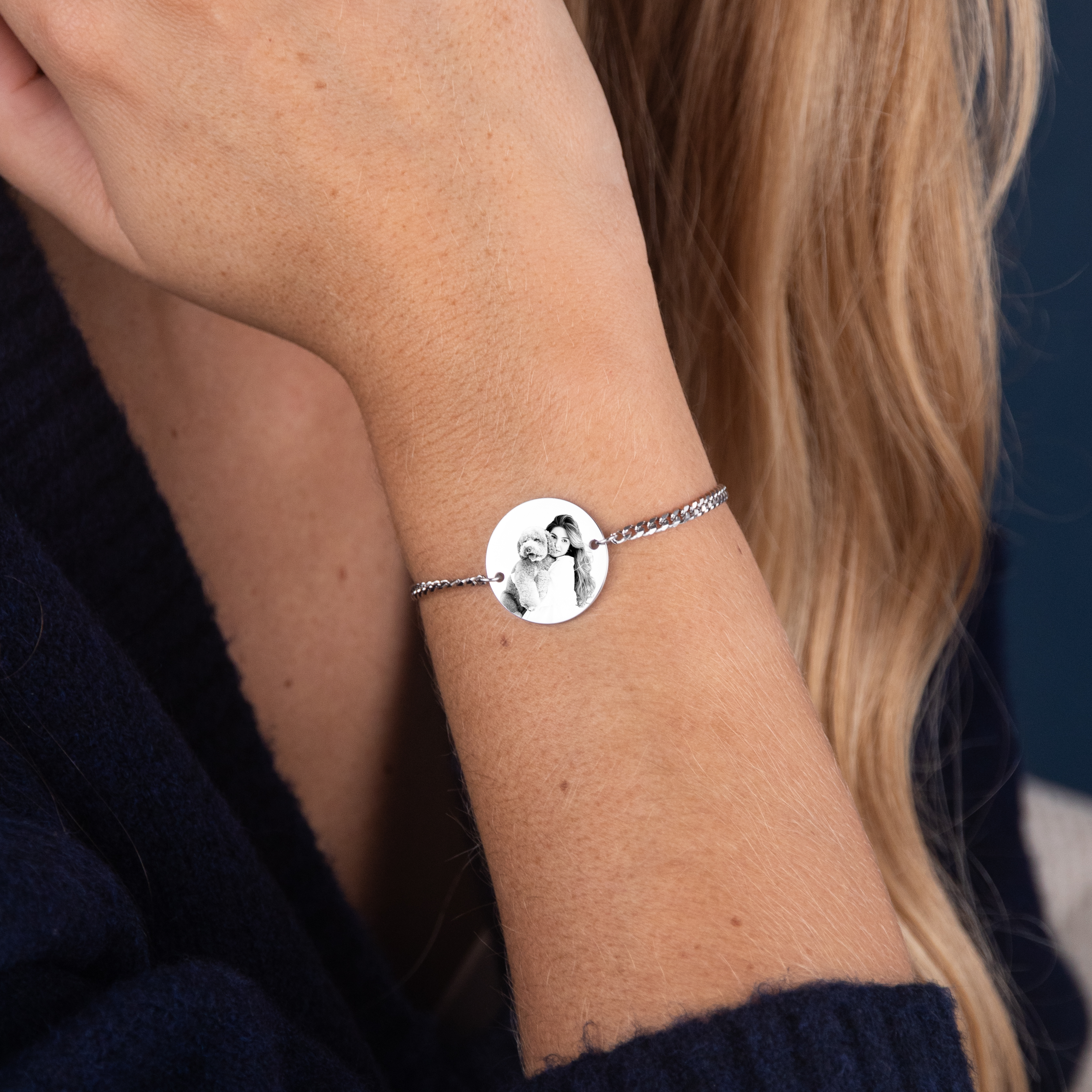 Custom photo bracelet silver – laser-engraved image gift VECINO