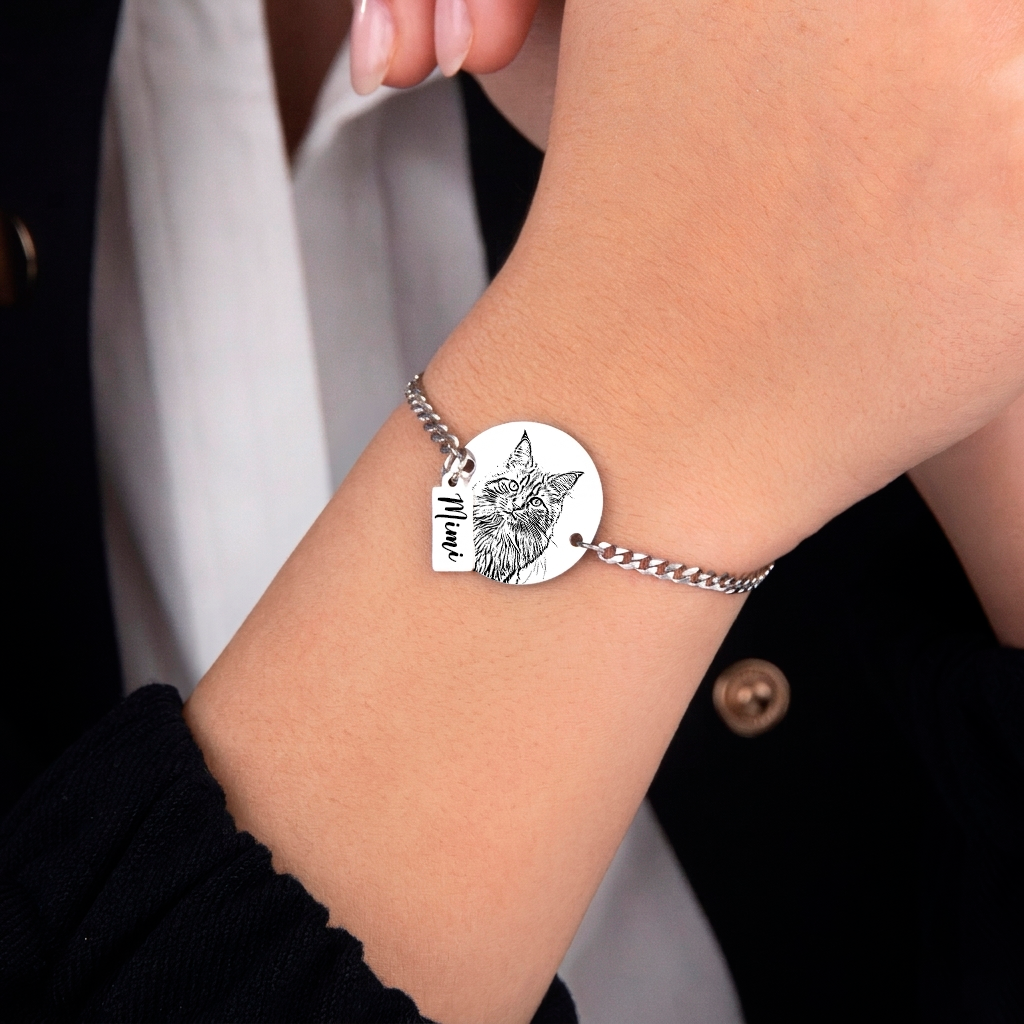 Custom pet silhouette bracelet silver – personalized pet portrait jewelry VECINO