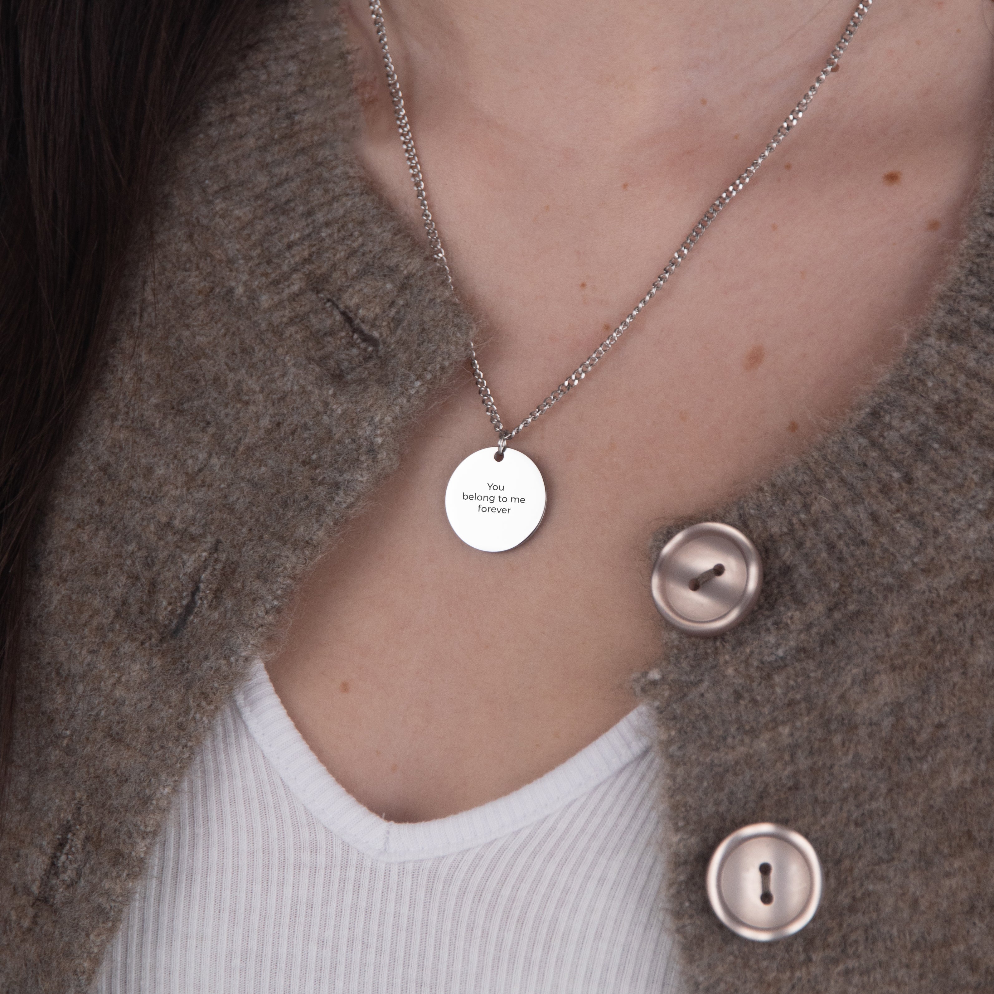 Personalized text necklace silver worn on neck – custom engraved message pendant VECINO
