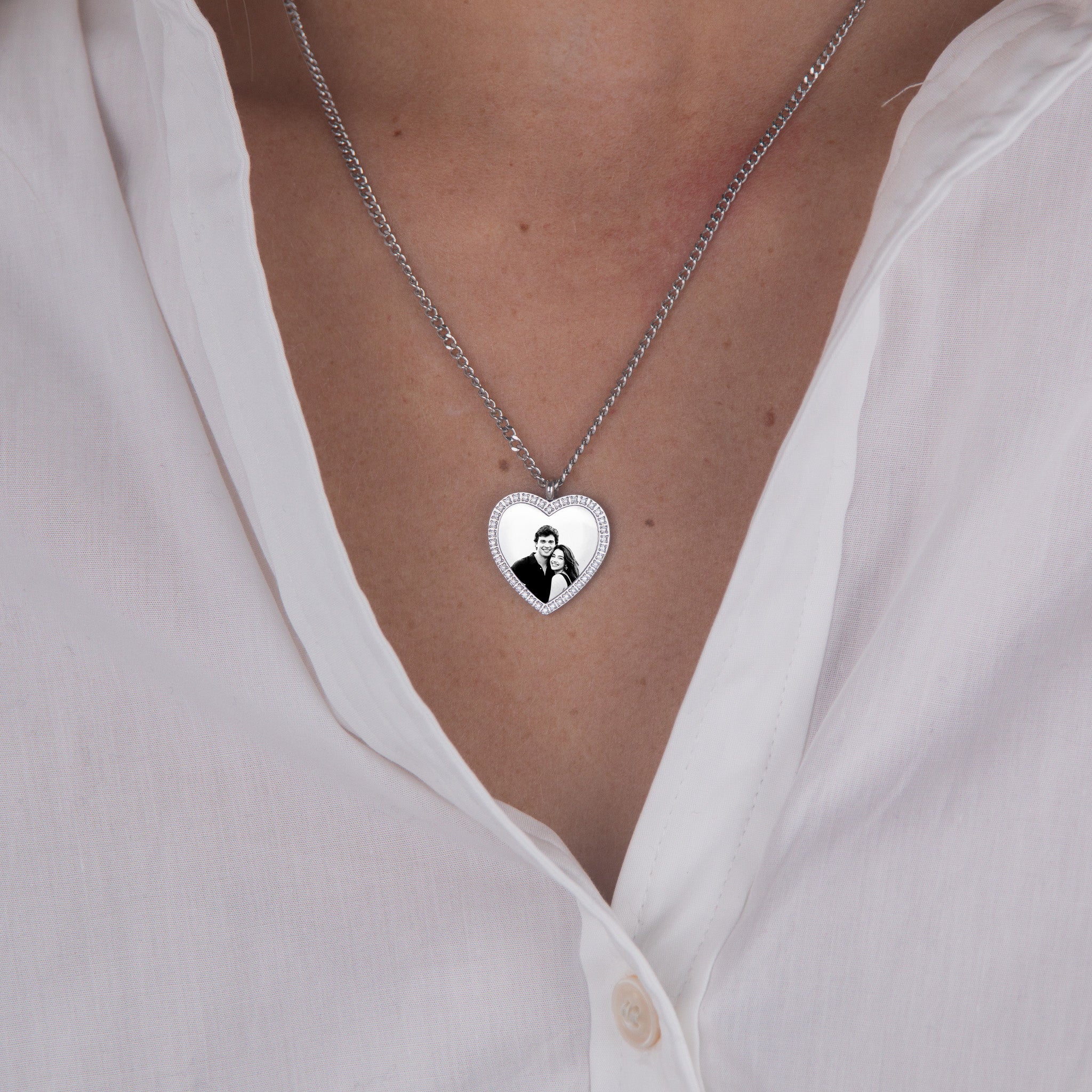 Silver zirconia heart necklace photo flat lay – luxury jewelry VECINO