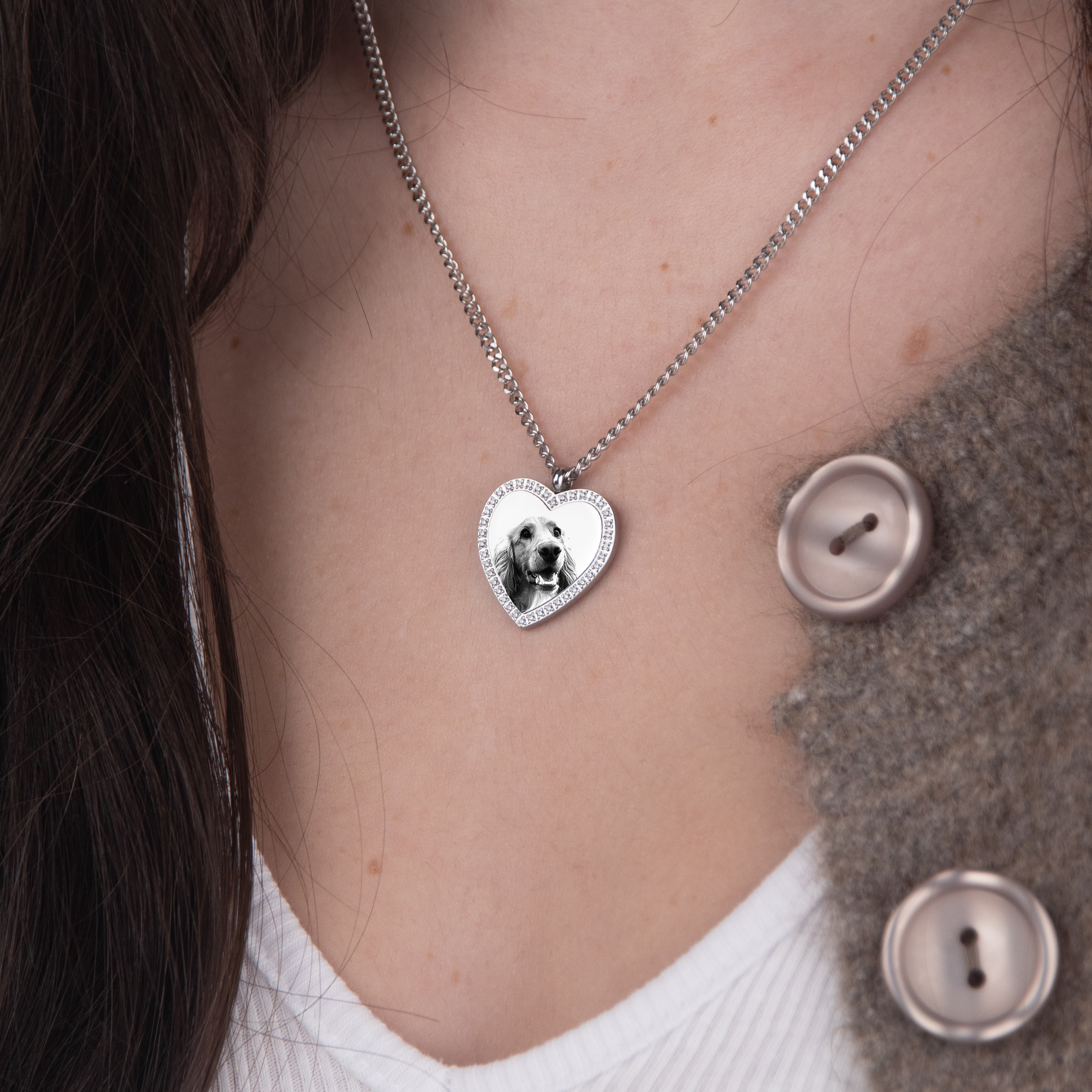 Silver zirconia heart necklace pet photo flat lay – luxury pet jewelry VECINO