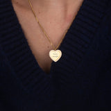 Gold zirconia heart necklace text flat lay – 18K personalized engraved jewelry VECINO