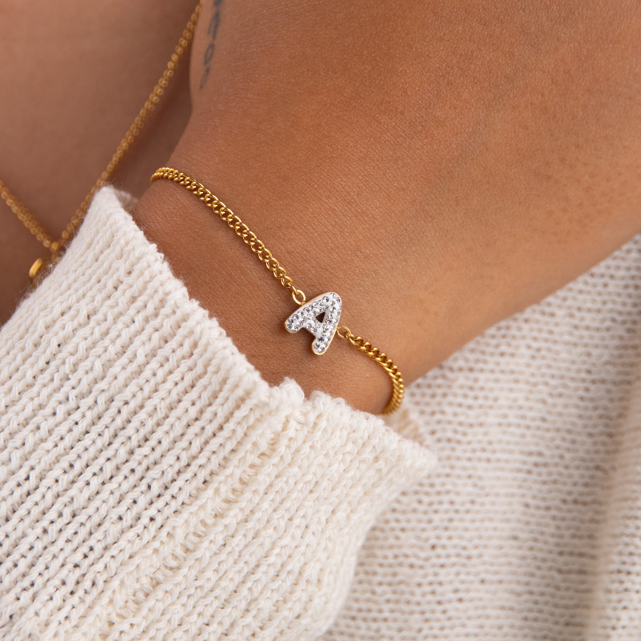 Initial A zirconia bracelet worn on wrist – personalized luxury jewelry VECINO