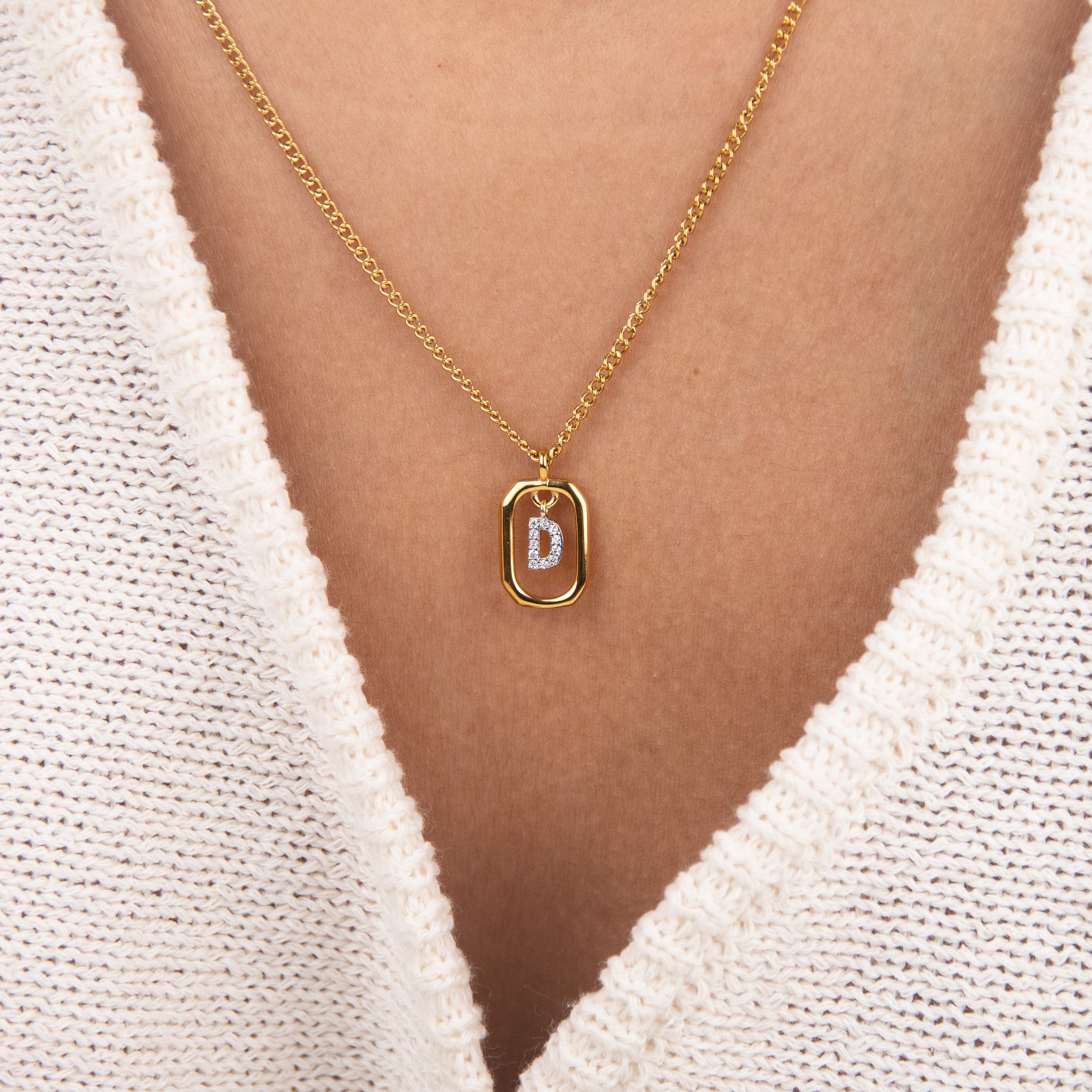 Initial D zirconia necklace worn on neck – personalized luxury jewelry VECINO