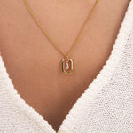 Initial J zirconia necklace worn on neck – personalized luxury jewelry VECINO