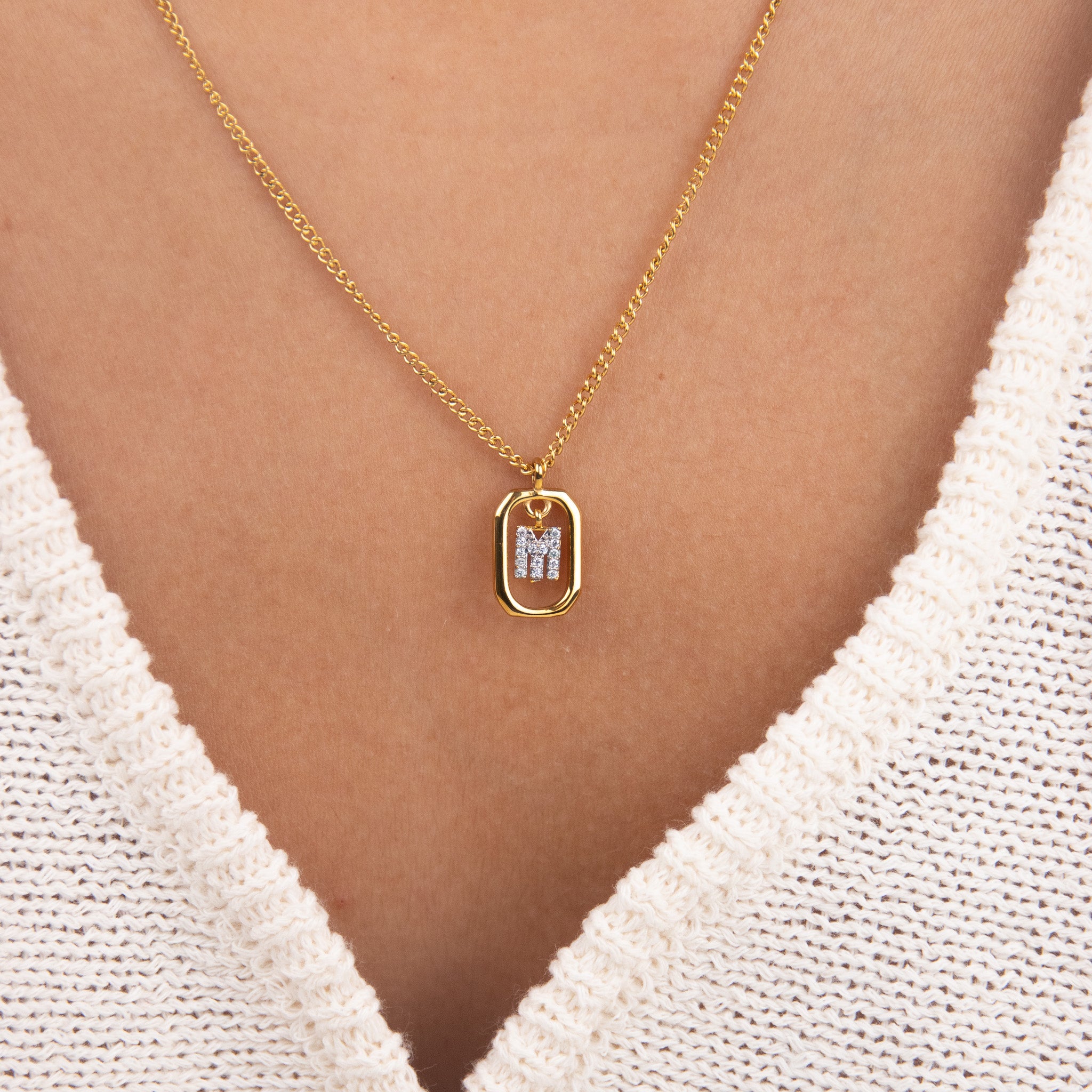 Initial M zirconia necklace gold and silver – personalized letter M pendant VECINO