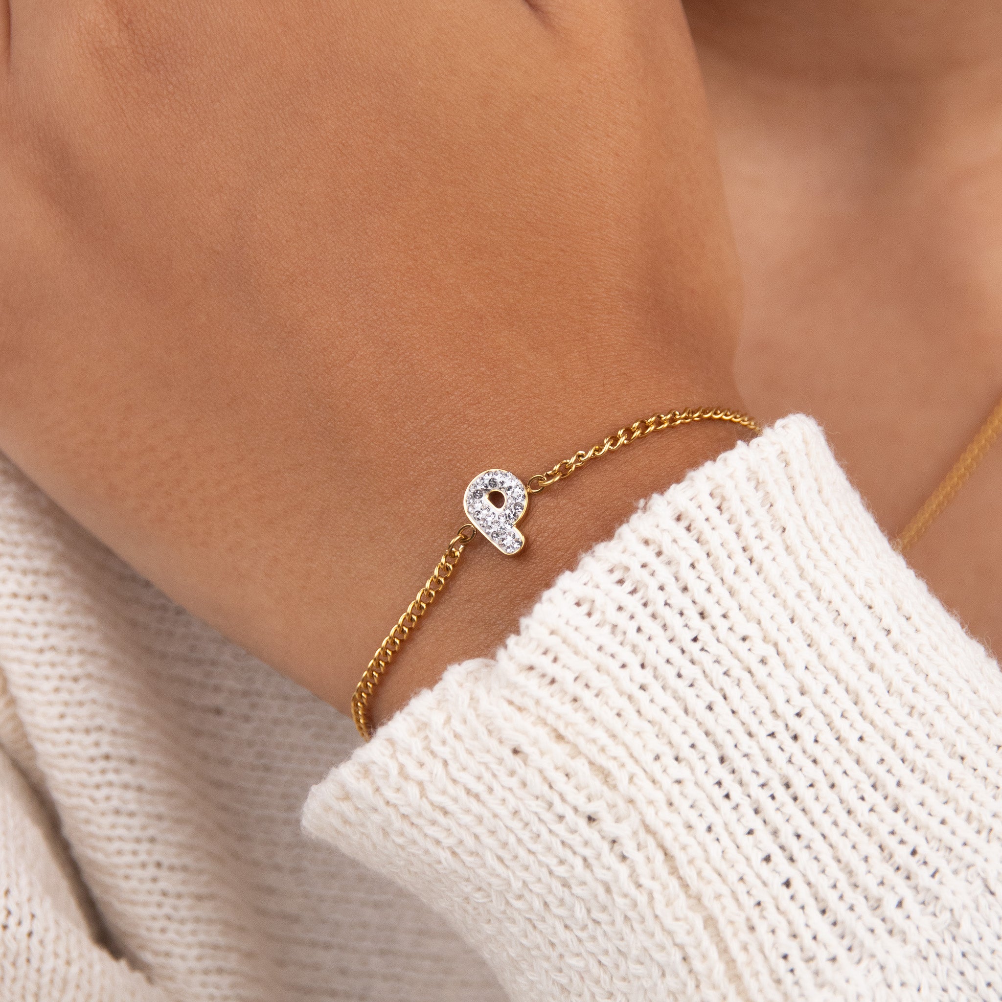Initial P zirconia bracelet worn on wrist – personalized luxury jewelry VECINO