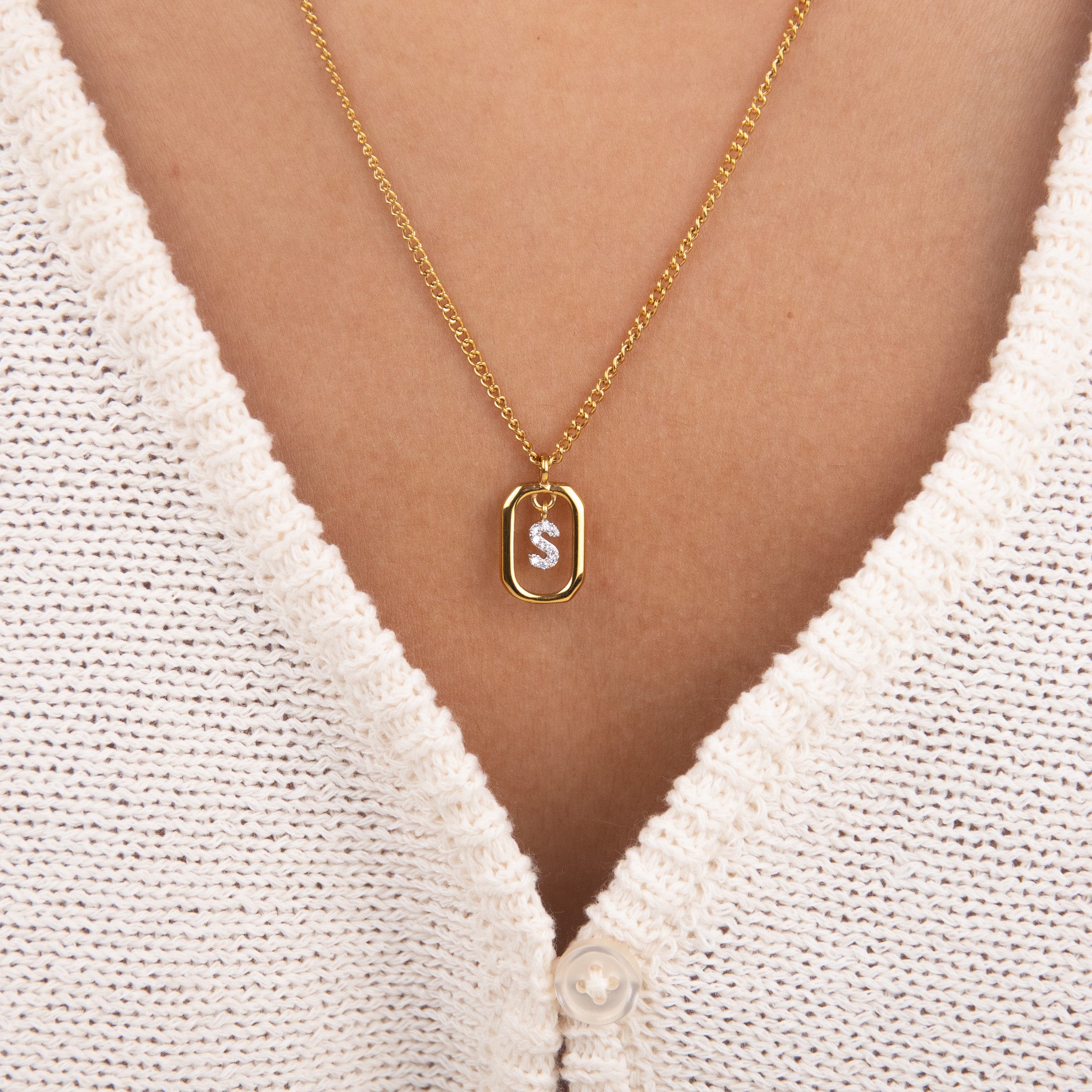 Initial S zirconia necklace gold and silver – personalized letter S pendant VECINO