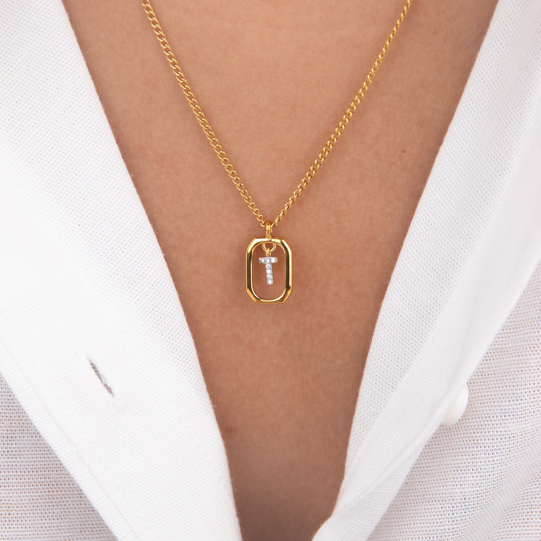Initial T zirconia necklace gold and silver – personalized letter T pendant VECINO