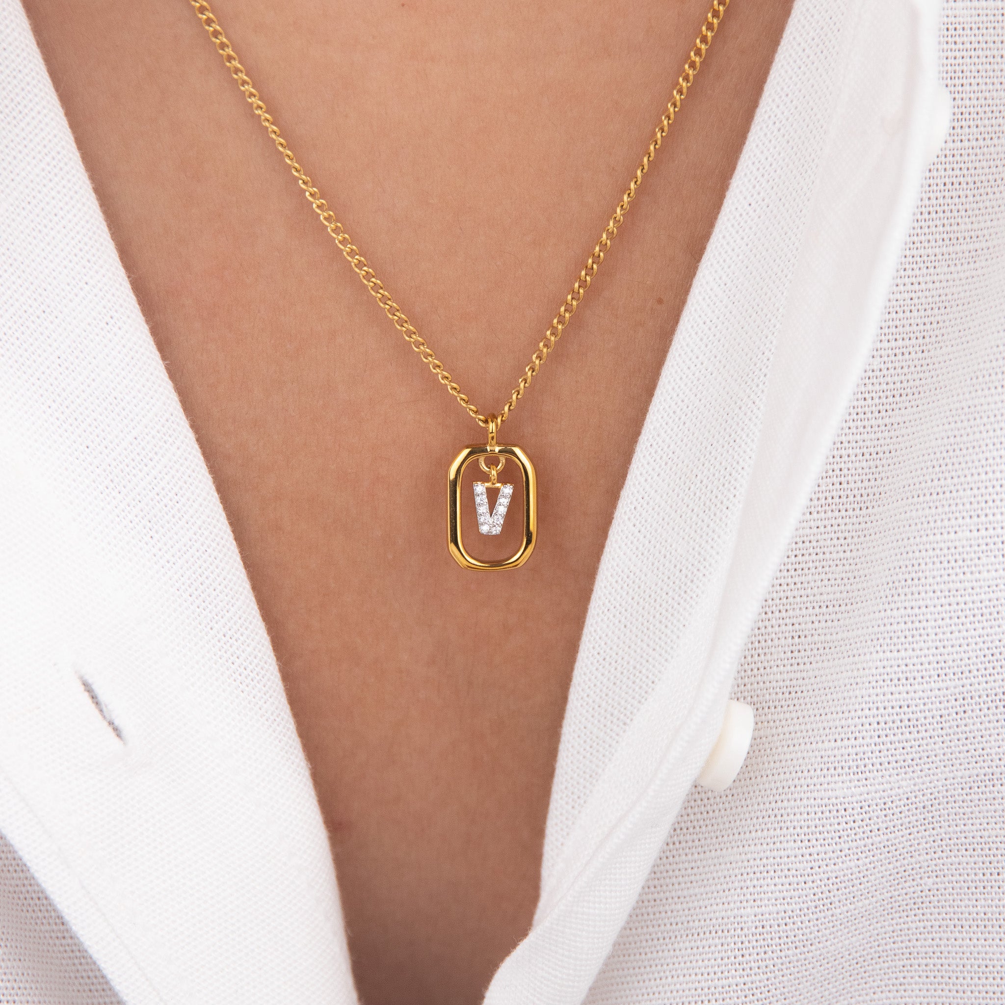 Initial V zirconia necklace gold and silver – personalized letter V pendant VECINO