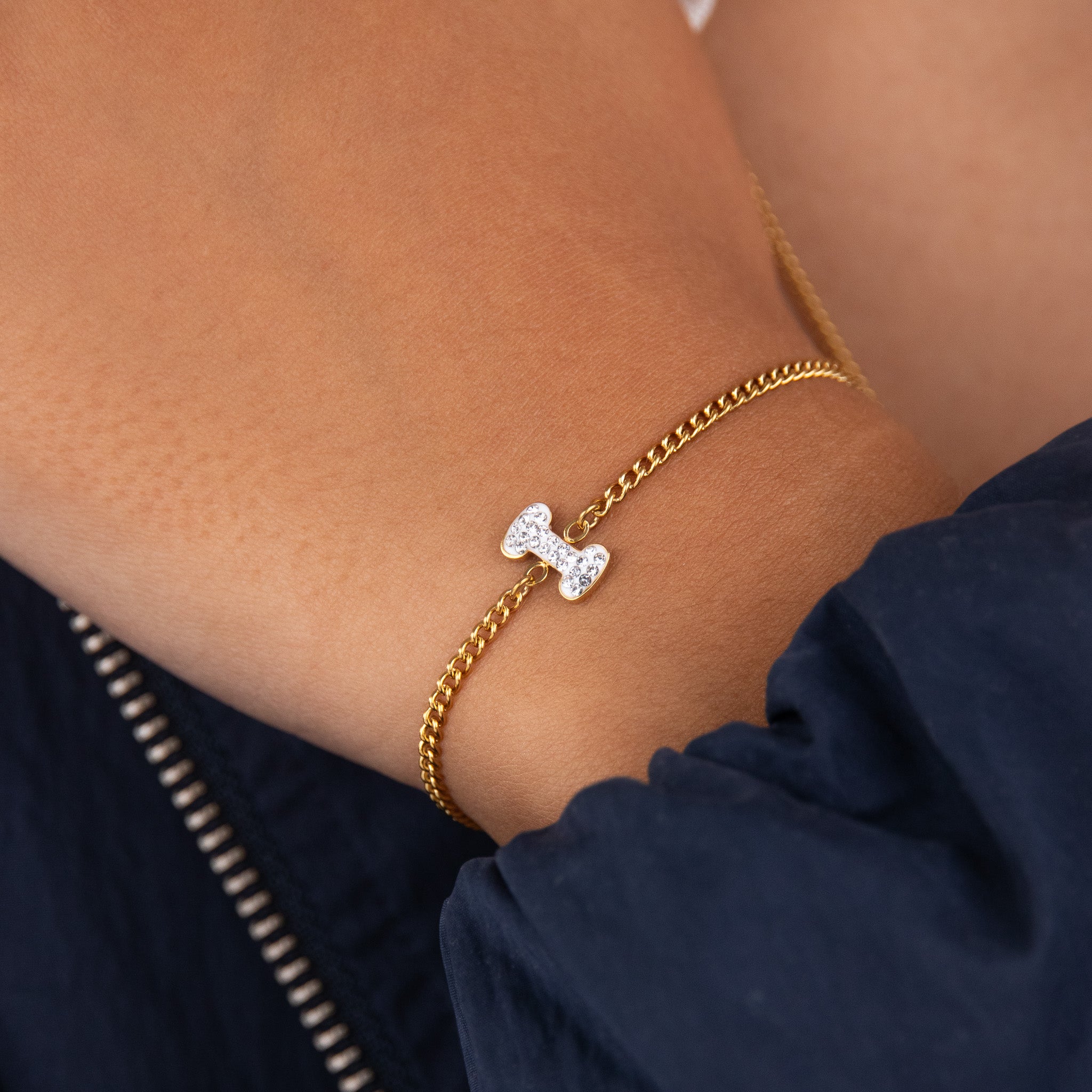 Initial I zirconia bracelet worn on wrist – personalized luxury jewelry VECINO
