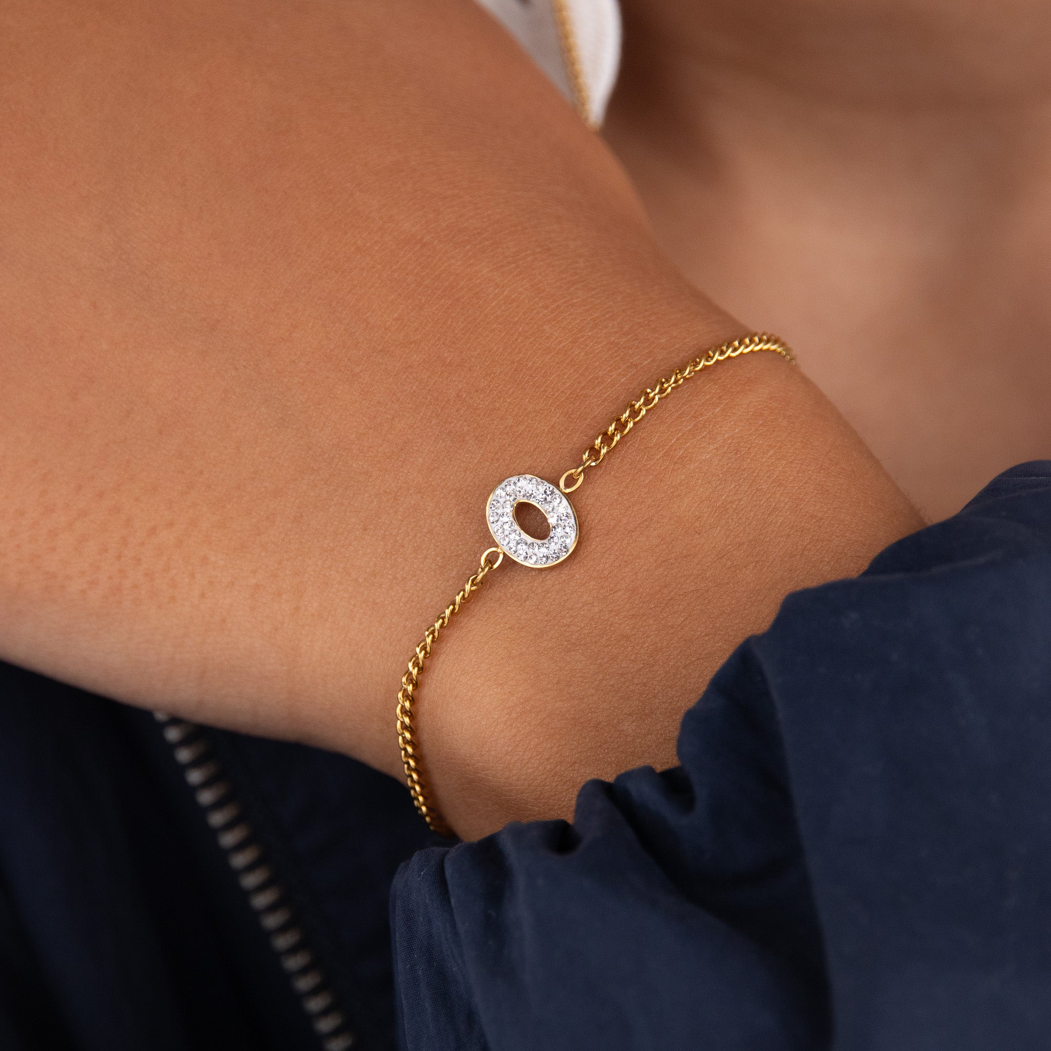 Initial O zirconia bracelet worn on wrist – personalized luxury jewelry VECINO