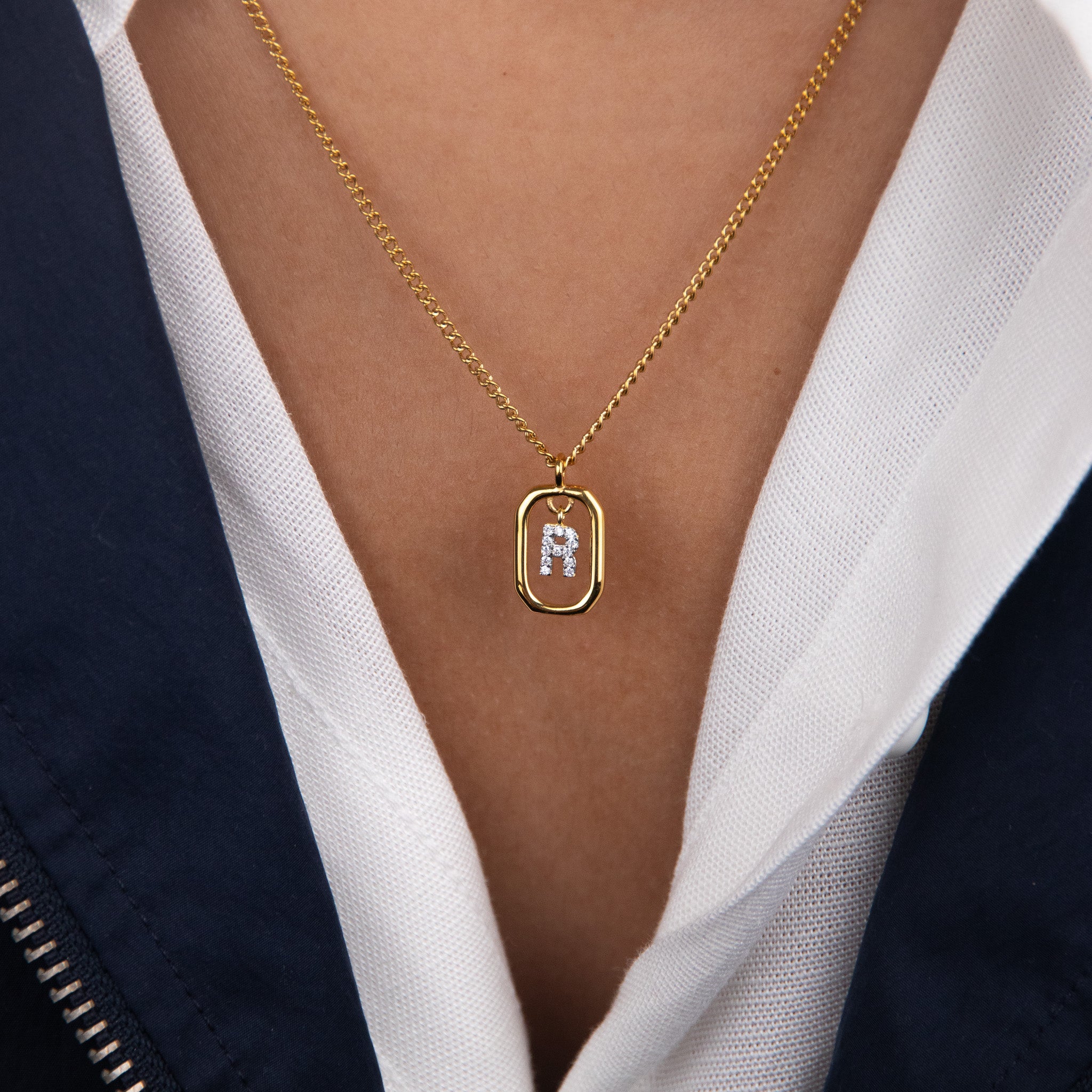 Initial R zirconia necklace gold and silver – personalized letter R pendant VECINO