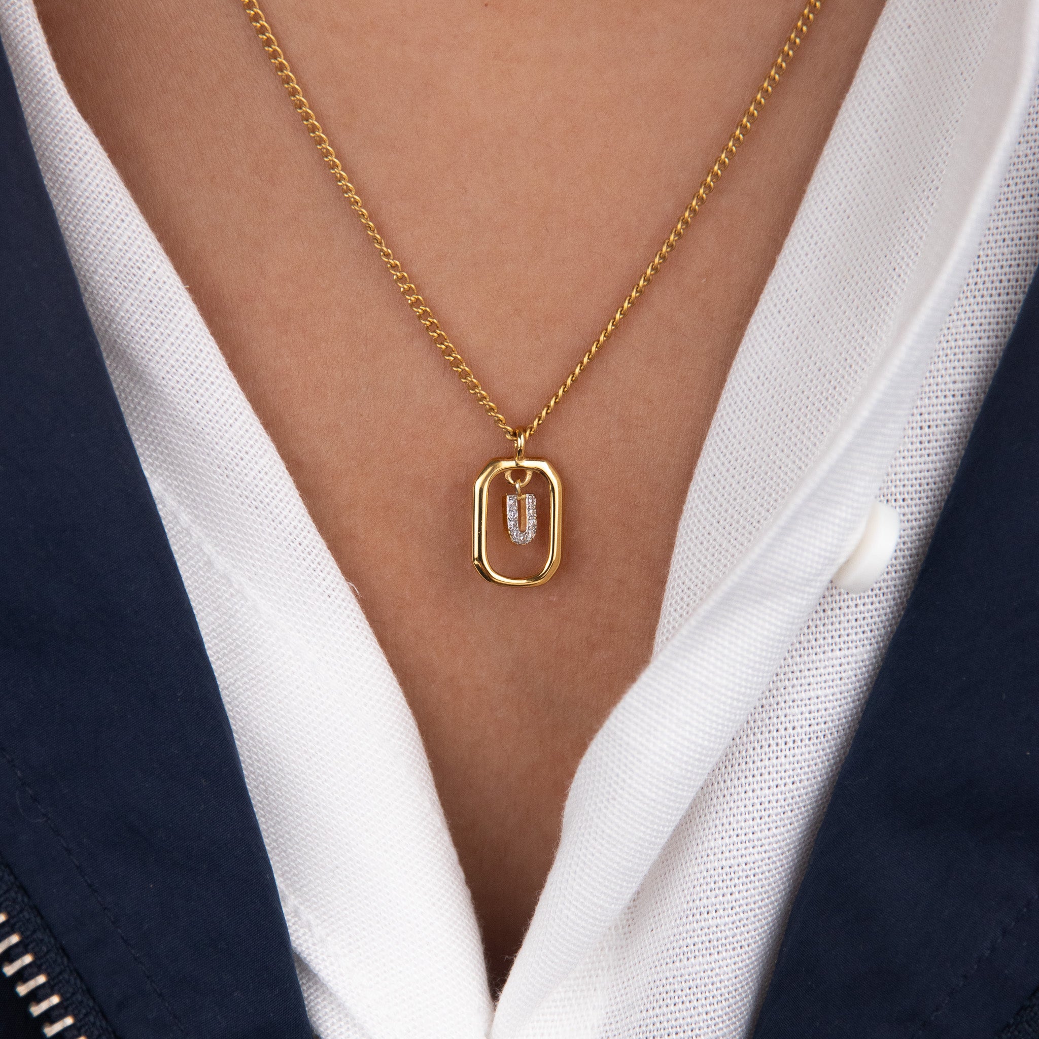 Initial U zirconia necklace gold and silver – personalized letter U pendant VECINO