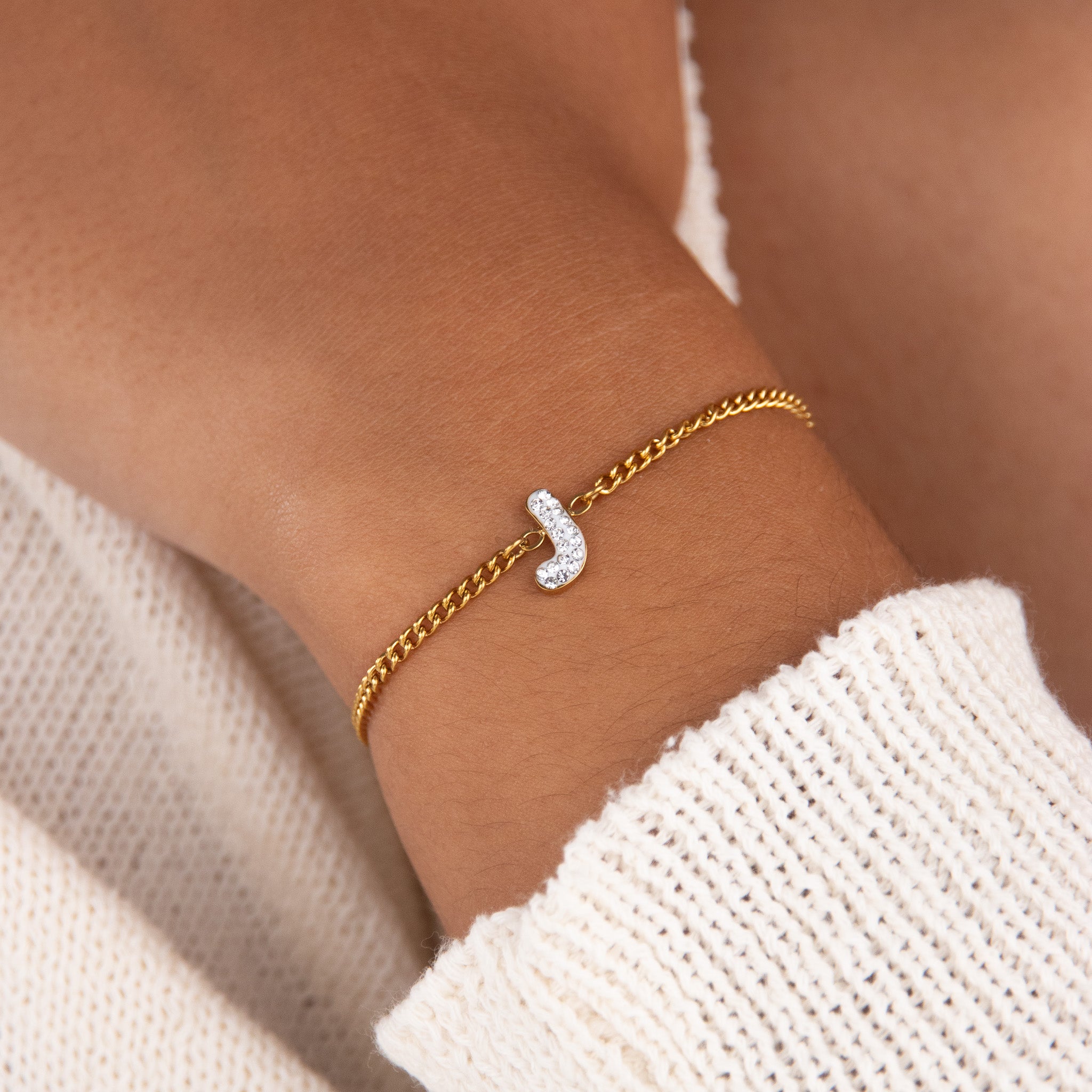Initial J zirconia bracelet worn on wrist – personalized luxury jewelry VECINO