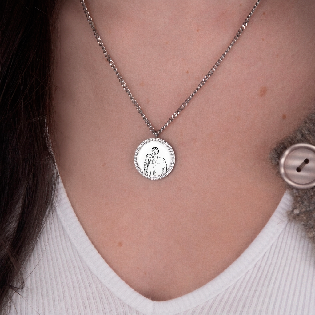 Silver zirconia round necklace silhouette flat lay – personalized jewelry VECINO