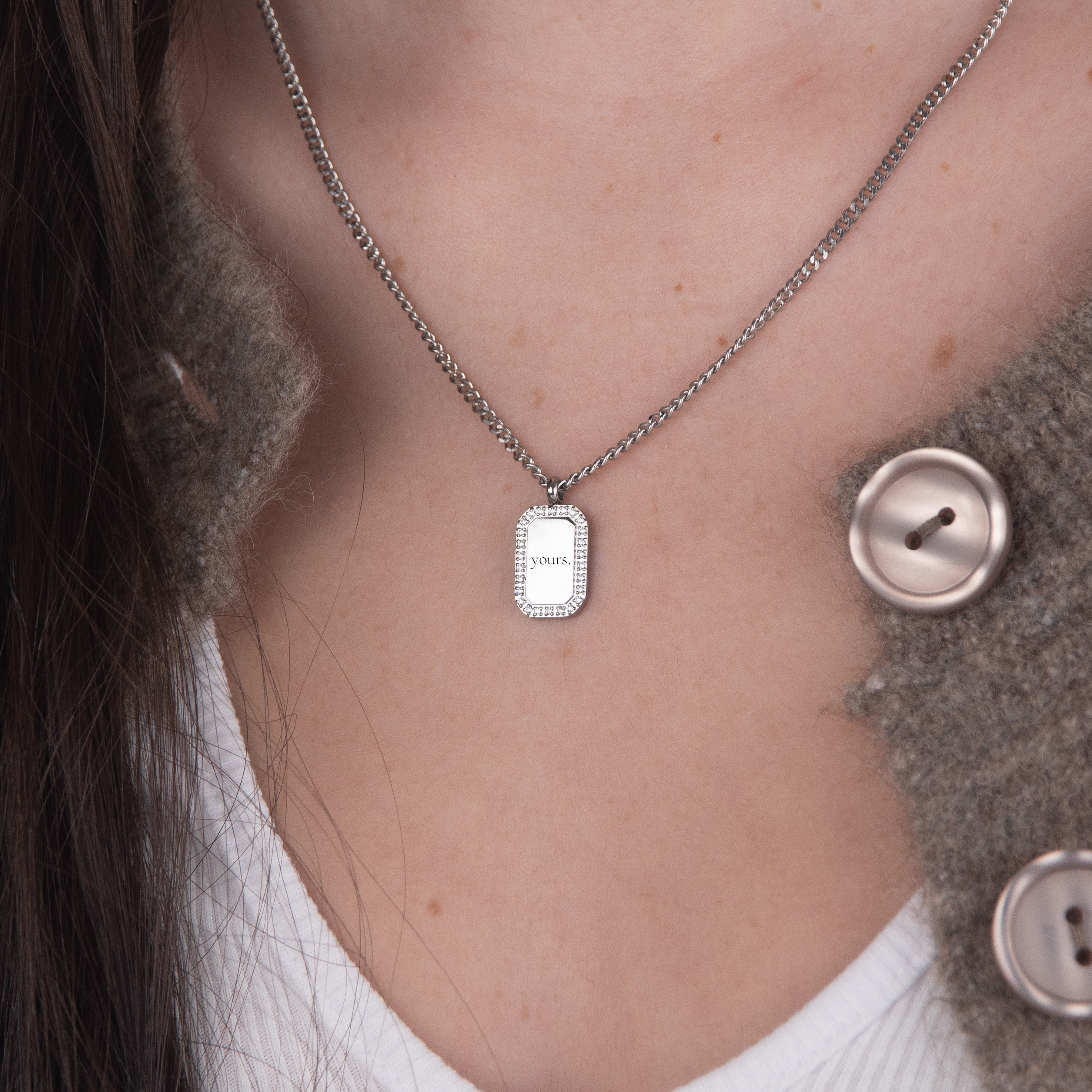 Silver zirconia square necklace text flat lay – personalized engraved jewelry VECINO